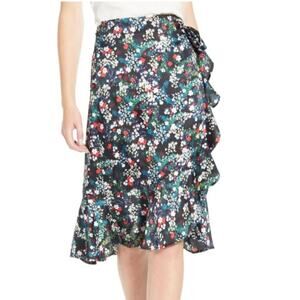 Rebecca Minkoff Zoe Black Floral Print Ruffled Knee Length Wrap Skirt Size XXL